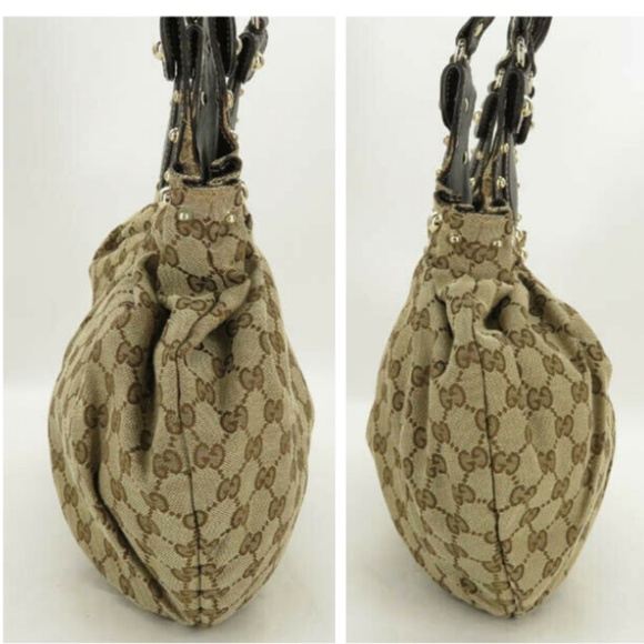💯 AUTH GUCCI GG CANVAS LEATHER STUDED GATHER BAG - Picture 4 of 9